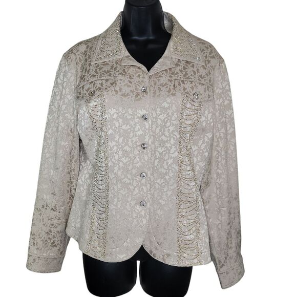 Christine Alexander Gold Damask Denim Jacket Jean Rhinestones Large - Picture 1 of 10